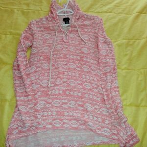 PLUS SIZE AZTEC PATTERN PINK SHIRT W/HOODIE Y2K FALL WEAR AESTHETICS